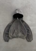 "WATCH-PEEKER" DISTRESSED ZIP UP HOODIE - SUN FADED BLACK