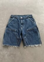 RAW EDGE DENIM DOUBLE KNEE SHORTS - DARK INDIGO