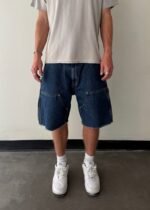 RAW EDGE DENIM DOUBLE KNEE SHORTS - DARK INDIGO - Image 3