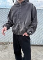 "WATCH-PEEKER" DISTRESSED ZIP UP HOODIE - SUN FADED BLACK - Image 6